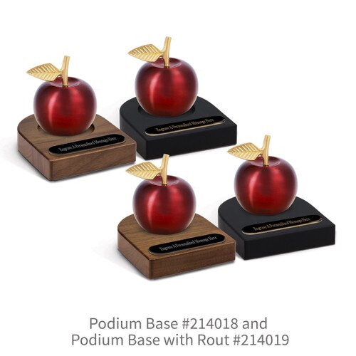 black and brown walnut podium bases with black brass plates and crimson finished brass apple bells