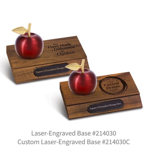 laser engraved walnut bases with black brass plates and crimson finished brass apple bells
