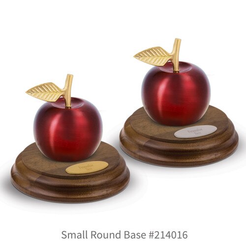 round walnut bases with brass and silver plates and crimson finished brass apple bells