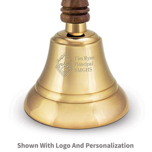 deluxe brass bell with wooden handle and personalization and logo