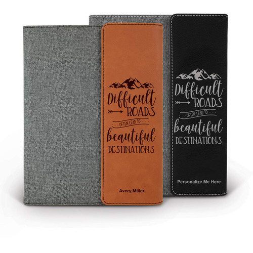 heather gray padfolios with black and rawhide accents featuring Beautiful Destinations message