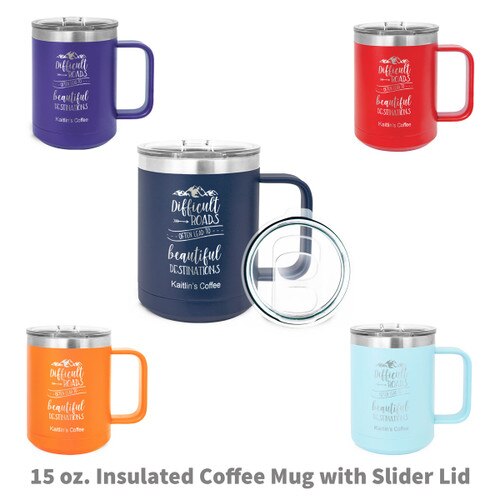 multiple colors of insulated coffee mugs with The Beautiful Destinations message