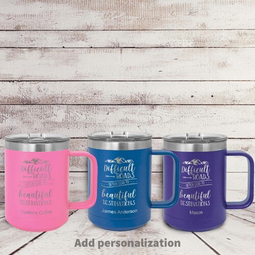 pink, blue and white insulated coffee mugs with The Beautiful Destinations message and personalization
