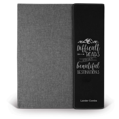This Large Canvas Leather Padfolio With Notepad Features The Inspirational Message “Difficult Roads Often Lead To Beautiful Destinations”