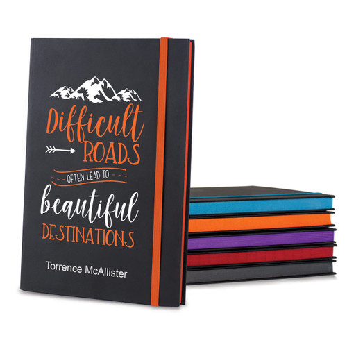 black matte journals in multiple accent colors with Beautiful Destinations message and personalization