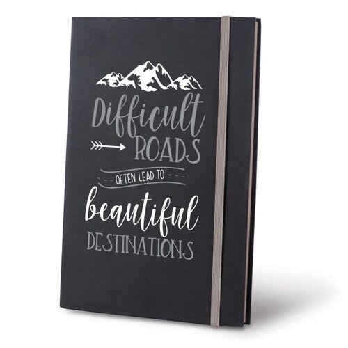 This Matte Black Hardbound Journal With A Colorful Elastic Band Features The Message “Difficult Roads Often Lead To Beautiful Destinations”