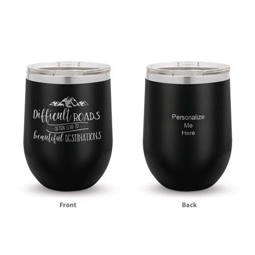 black stainless steel stemless wine tumblers with Beautiful Destinations message and pesonalize me on the back