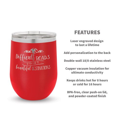 red stainless steel stemless wine tumbler with Beautiful Destinations message and product features