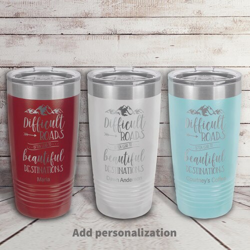 red, white, and teal stainless steel tumbler with Beautiful Destinations message and personalization
