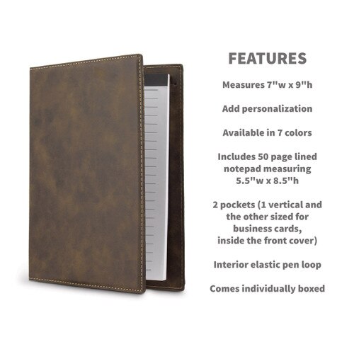 rustic leather padfolios with product detail features