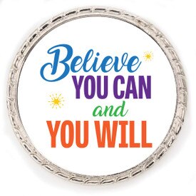 Kudo Coin With “Believe You Can And You Will” On The Front. Made Of Silver Metal Featuring Rope Design Around The Outside.