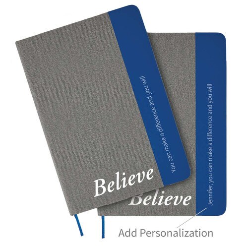 heather gray journals with blue accents and believe message and personalization