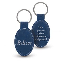 blue oval leather keychains with believe message and personalizaton