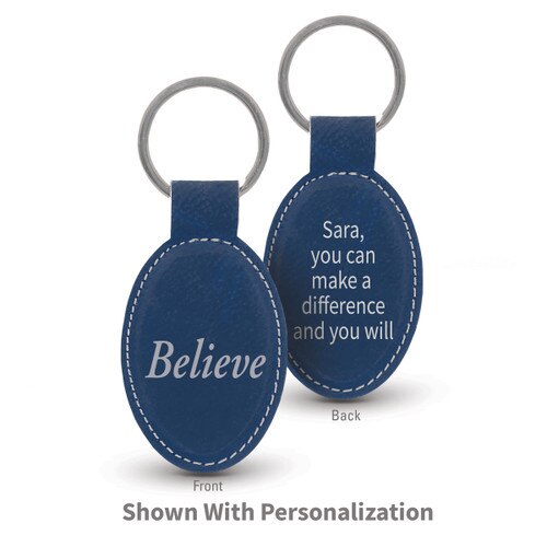 blue oval leather keychains with believe message and personalizaton