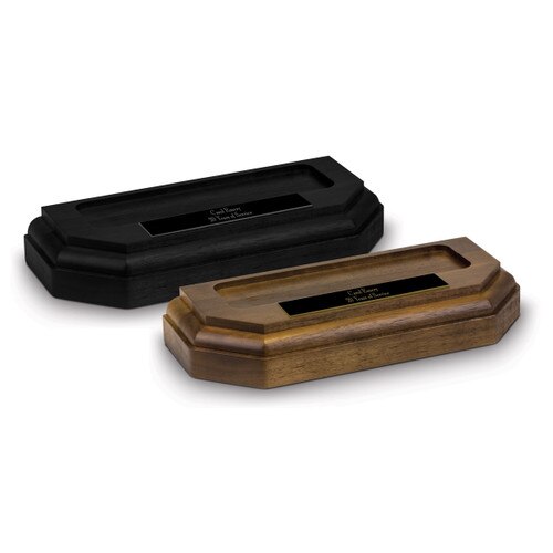 black and brown solid walnut beveled iceberg bases with personalized black brass plates