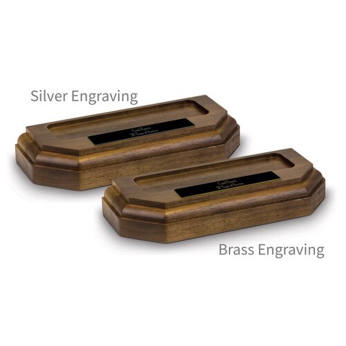 two walnut beveled iceberg bases with personalized black brass plates