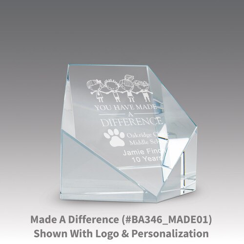 beveled optic crystal pentagon with you have made a difference message