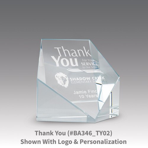 beveled optic crystal pentagon with thank you message