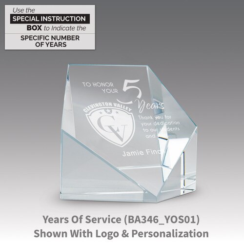 beveled optic crystal pentagon with years of service message