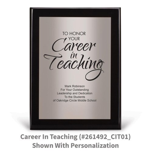 black piano finish plaque with career in teaching message and a personalized silver plate