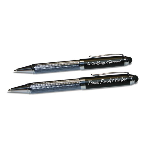 two black and sliver stylus pens with thanks for all you do and making a difference messages