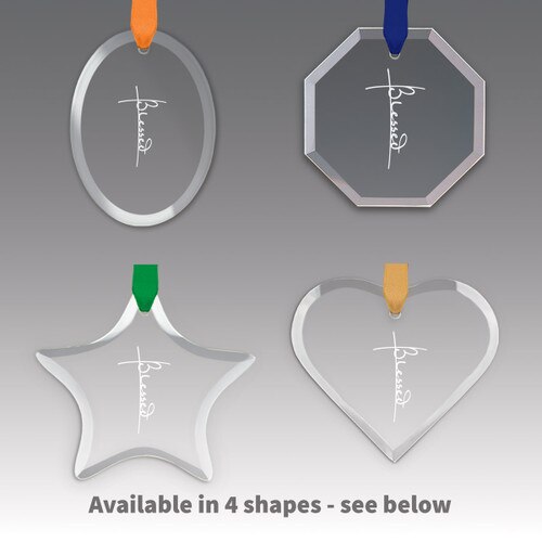different shapes of crystal ornaments with blessed message