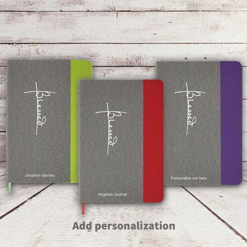 heather gray hardbound journals with green, red, and purple accents with Blessed message and personalization