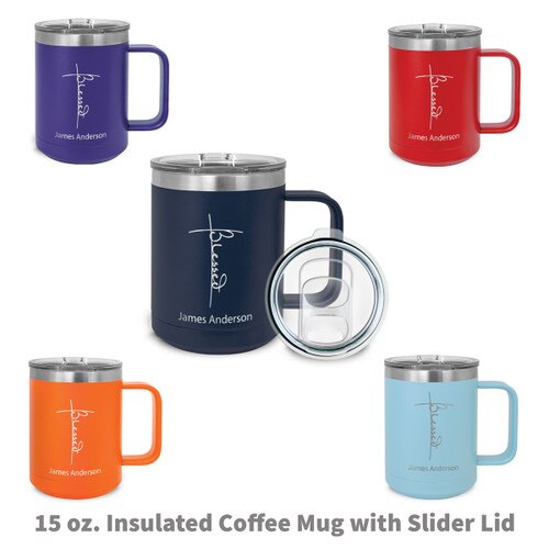 multiple colors of insulated coffee mugs with Blessed message