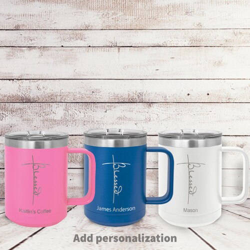 pink, blue and white insulated coffee mugs with Blessed message