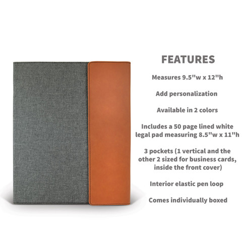 rawhide accented heather gray padfolio with product detail features