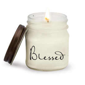 This Mason Jar Natural Soy Handmade Candle with Rustic Lid Features The Inspirational Message “Blessed”