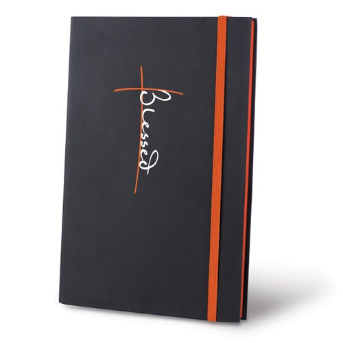 This Matte Black Journal With A Colorful Elastic Band Features The Inspirational Message “Blessed”
