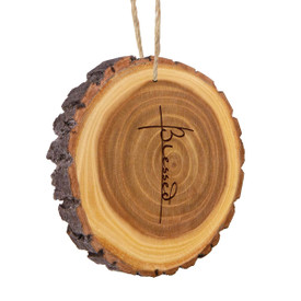 This Rustic Wood Slice Ornament Features The Inspirational Laser Engraved Message “Blessed”
