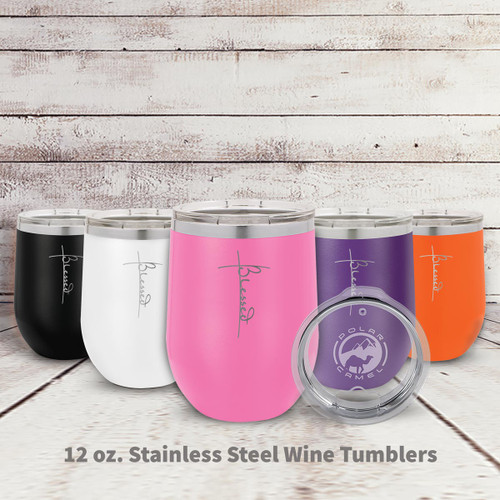 multiple colors of stainless steel stemless wine tumblers with Blessed message