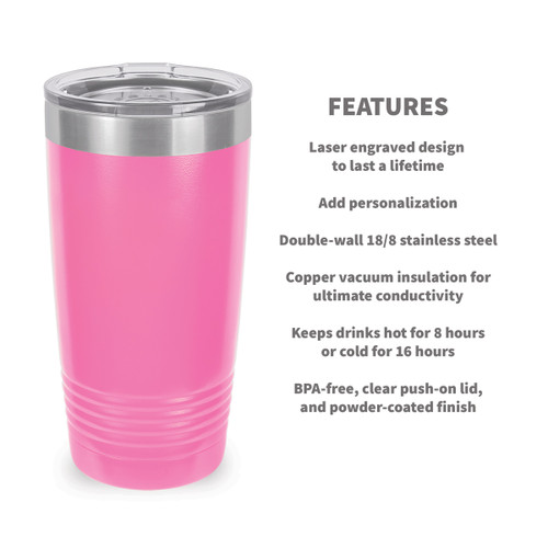 pink stainless steel tumbler with product detail features