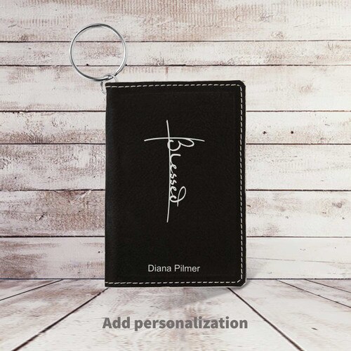 black leather id card holder with blessed message