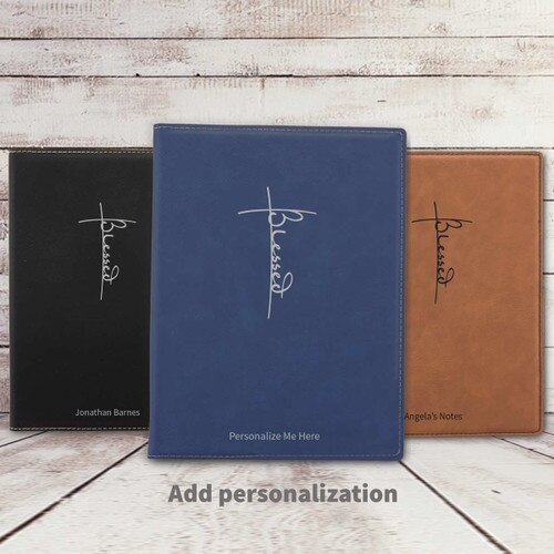 black, blue, and rawhide leather padfolios featuring Blessed message