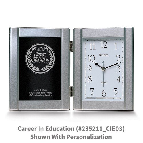 pewter framed clock with career in education message