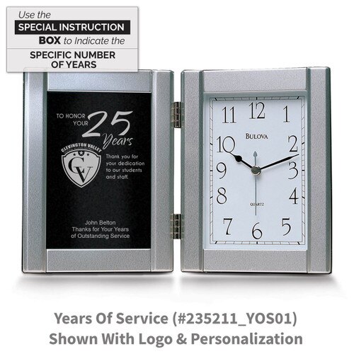 pewter framed clock with years of service message