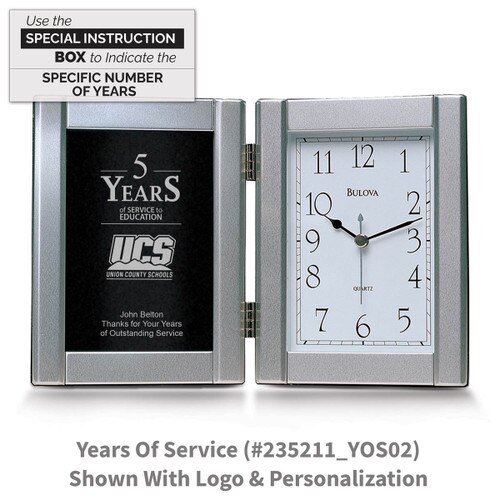 pewter framed clock with years of service message