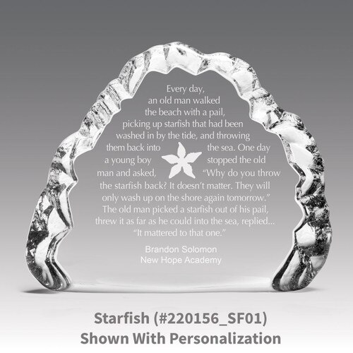 crystal clear iceberg with starfish message