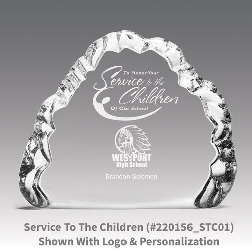crystal clear iceberg with service to children message