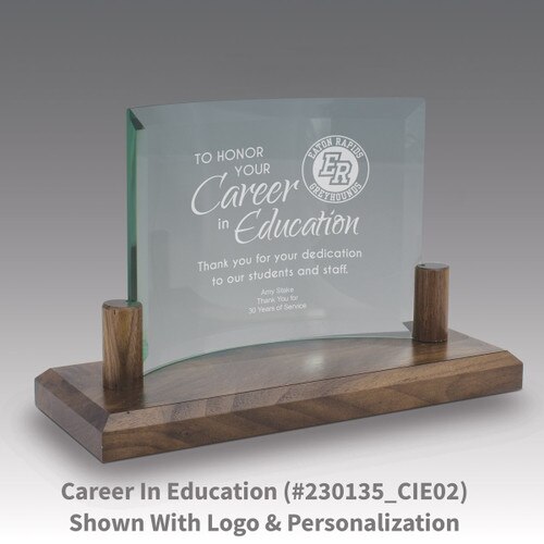 curved glass base award with career in education message