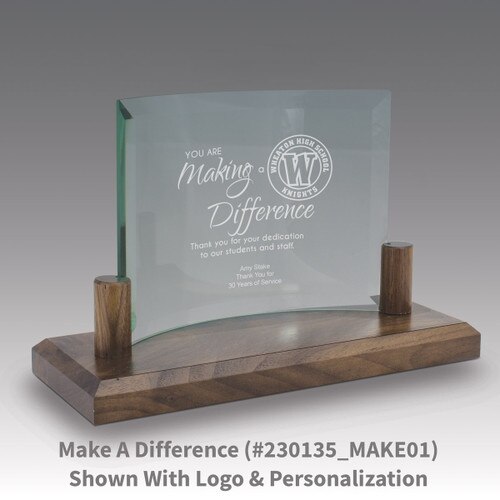 curved glass base award with making a difference message