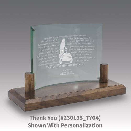 curved glass base award with thanks for sharing the load message
