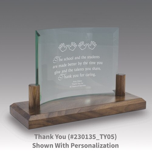 curved glass base award with thank you message