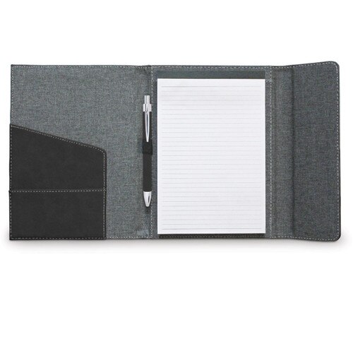 opened heather gray padfolio with notepad and pen