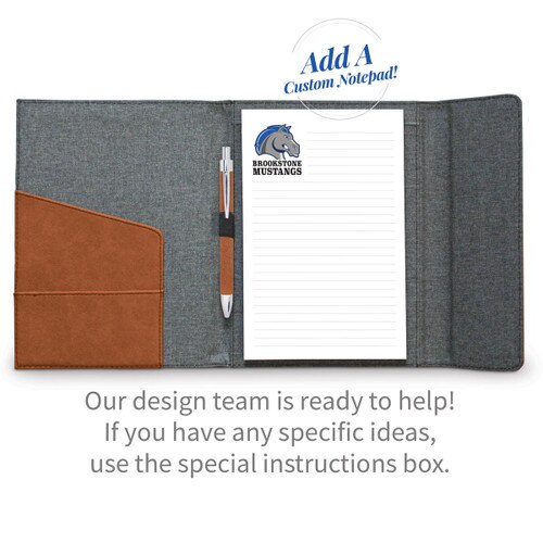 opened padfolio with custom logo notepad and pen