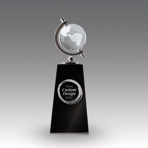 crystal globe sits atop a black crystal base with create your own option
