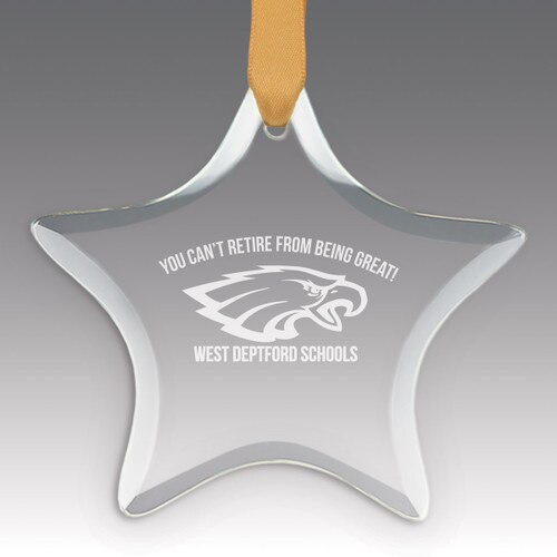 star shaped crystal ornament with custom school logo design and gold ribbon